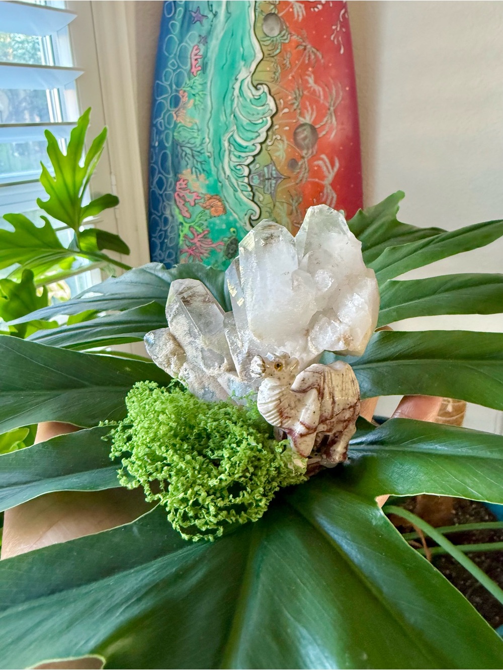 Camel figurine with Phantom Quartz Cluster